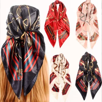 Nuevo Pañuelos de seda estampados para mujer, diseño con cadena, cuadrado grande, satinado, a la moda